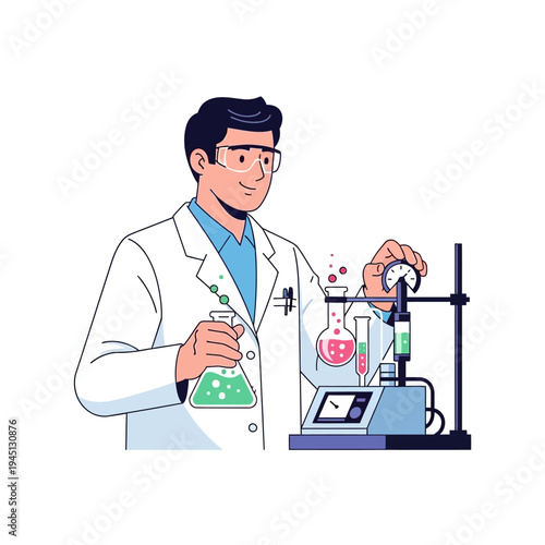 Scientist in lab coat conducting experiment with flasks and equipment