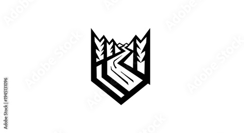Minimalist Forest Road Shield Logo Design for Nature Adventure Brand Identity