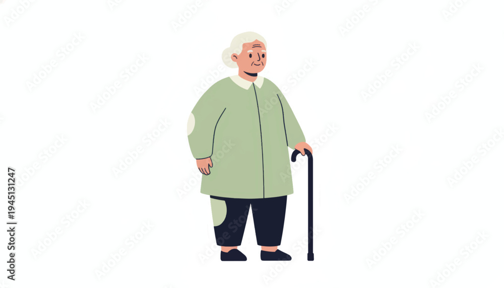 Obraz premium Elderly woman with walking cane. Minimalist flat design vector illustration of a senior person. Isolated character for healthcare and retirement concepts