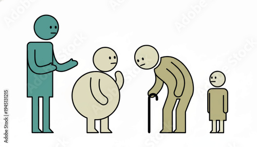 Diverse and inclusive minimalist characters. Flat design vector illustration of people with different body types and ages. Senior, child, and body positive figures isolated on white