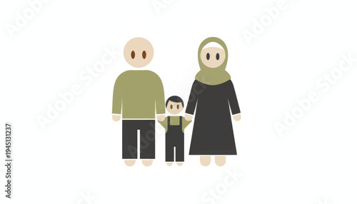 Muslim family with father mother and child. Minimalist flat design vector illustration. Inclusive characters holding hands. Isolated on white background