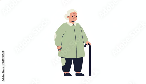 Elderly woman with walking cane. Minimalist flat design vector illustration of a senior person. Isolated character for healthcare and retirement concepts