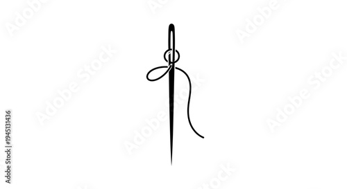Simple Black and White Sewing Needle with Thread Line Art
