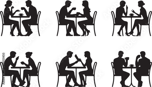 Black silhouettes of couples sitting at tables eating and drinking