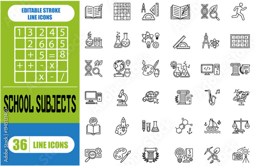School subjects icon set, education and academic symbols, learning objects, vector line icons for school and university study