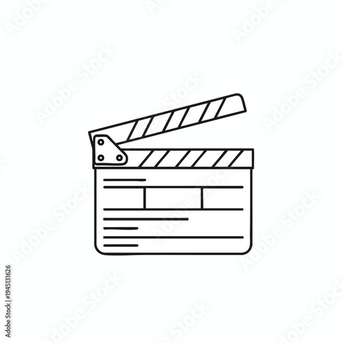 Simple outline drawing of an open clapperboard on a white background