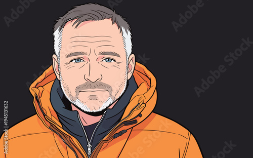 A person stands in front of a dark background wearing an orange jacket. The person has short hair and a serious look on their face.