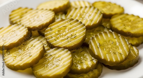 Bread-And-Butter Pickle Chips Overlapping Neatly On A Plate, Thin Golden Green Slices Glowing With Tangy Brine, A Classic Homemade Condiment Perfect For Vintage Food Photography