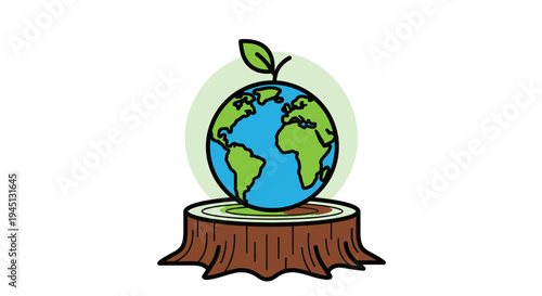 Globe on Tree Stump with Sprouting Leaf.