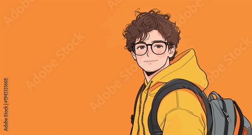 A young man with curly hair and glasses poses with a backpack. He wears a yellow hoodie and smiles at the camera.