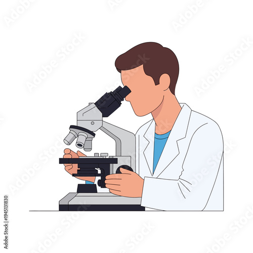 Scientist looking into microscope, conducting research in laboratory