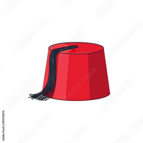 Red fez hat with black tassel on white background