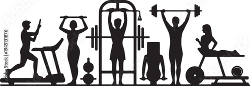 Black silhouettes of people exercising with gym equipment