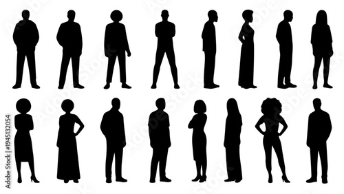 People Standing Poses Vector Set – Diverse Men and Women in Different Standing Positions, Front and Side View, Relaxed and Confident Pose, Minimalist Flat Illustration