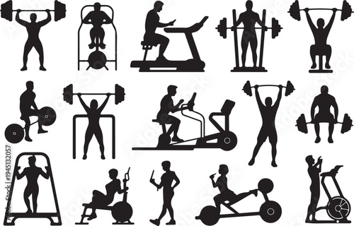 Black silhouettes of people exercising with gym equipment