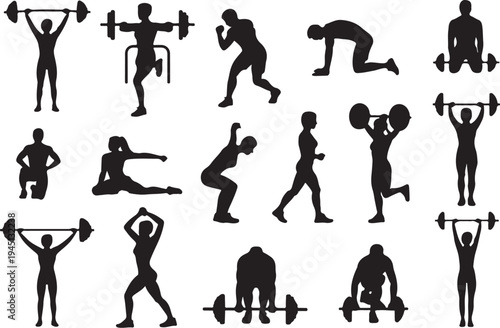 Black silhouettes of people exercising with weights