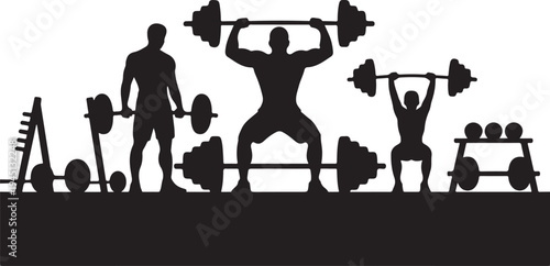 Black silhouettes of people lifting weights with gym equipment