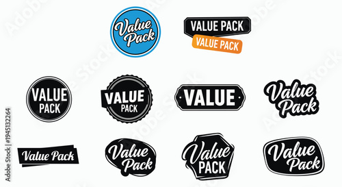 Value Pack label collection, promotional typography design, retail branding emblem set, marketing badge concept, stylish lettering style, flat vector illustration