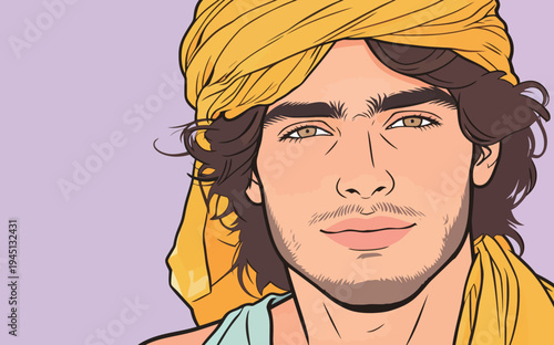 A young man wears a yellow turban and smiles directly at the viewer in a bright space. He has dark hair and light eyes.