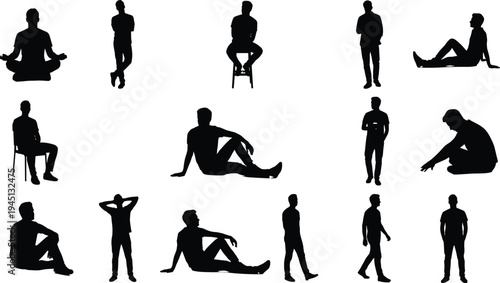 Human posture silhouette, seated standing walking illustration, male female figure design, gesture variation art, casual attire concept, black and white background