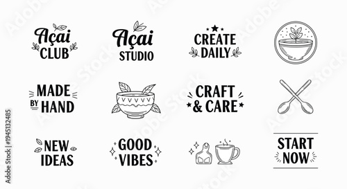Açaí club studio handmade wellness badge collection featuring creative typography, decorative icons, inspirational branding graphics, flat vector illustration