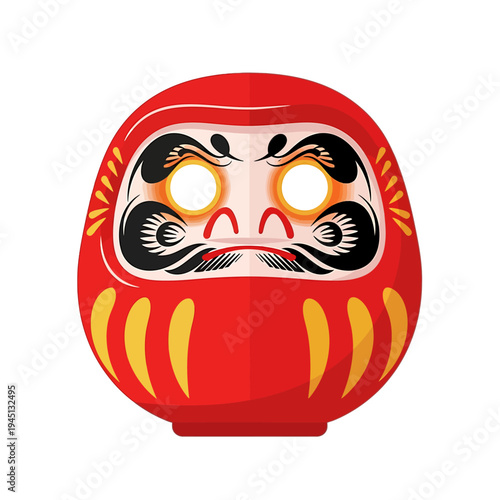 Close-up of a traditional Japanese Daruma doll with a fierce expression on a white background