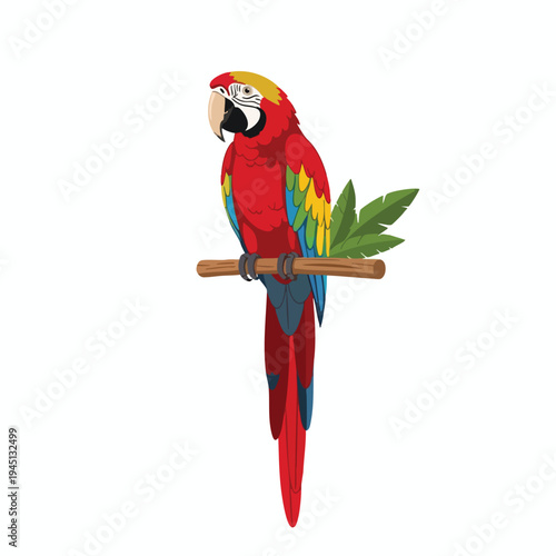 Vibrant scarlet macaw with yellow crest and blue-green wing feathers perched on a branch