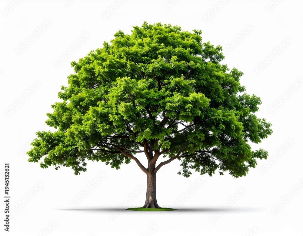 Obraz premium A solitary green deciduous tree with a full, rounded canopy of leaves and a robust trunk on a white background