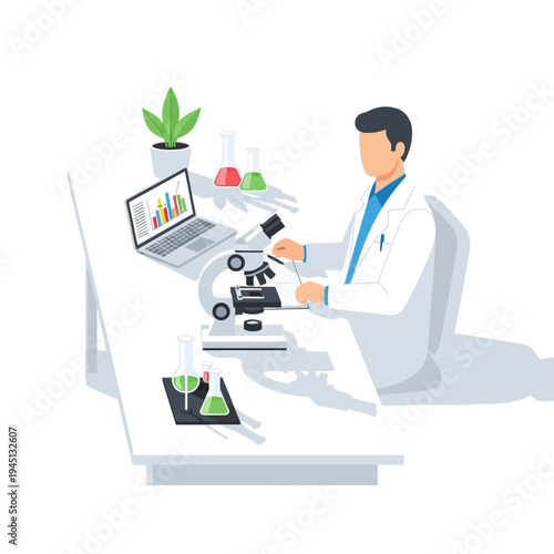 Scientist working in laboratory with microscope, laptop, and test tubes