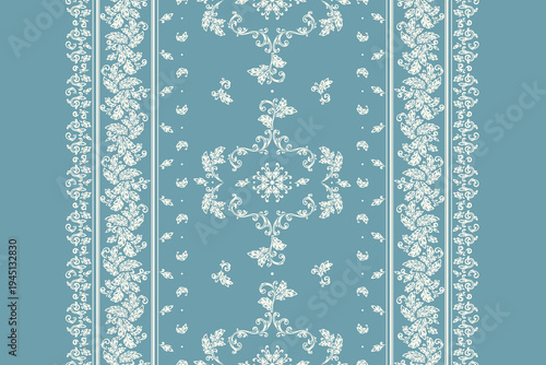 Blue White Ornamental Damask Floral Border. Oriental Ethnic Vector Vertical Seamltss Pattern. Suitable for Silk Scarf, Pashmina or Carpet Runner. Handmade vector illustration.