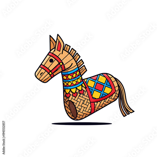 Colorful woven horse figurine with intricate patterns on a white background