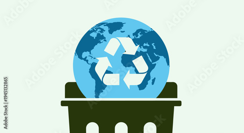Globe with Recycling Symbol in Trash Bin.