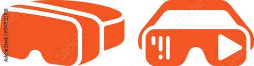 Set of Two Orange Virtual Reality VR Headset Icons Representing Metaverse Technology and Immersive Gaming Experience Isolated on White Background Vector Illustration