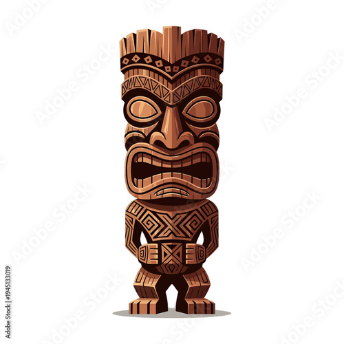 Digital illustration of a traditional Hawaiian tiki statue with intricate carvings on a white background.