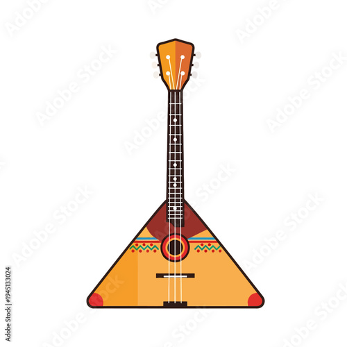 Illustration of a traditional Domra stringed musical instrument with a vibrant orange and red design on a white background.