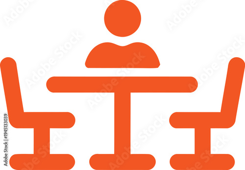 Professional Person Sitting at Meeting Table with Empty Chairs Vector Icon Illustration in Solid Orange Flat Style for Interview and Consultation Concepts.