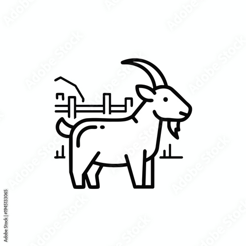 Stylized line art of a goat standing next to a fence on a white background