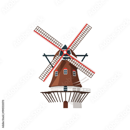 Illustration of a traditional Dutch windmill with a brown body and red accents on its blades against a white background.