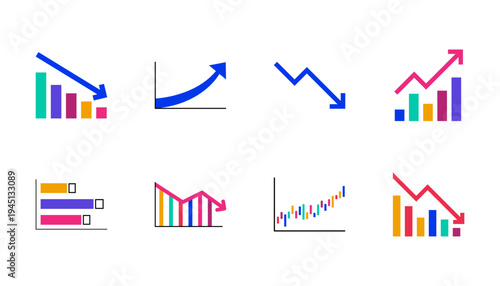 Business graphs icons depicting charts, analytics, statistics, growth trends, financial reports, dashboards, data visualization, performance, strategy, monitoring, and insights.