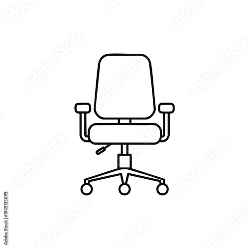 A minimalist black outline drawing of a modern wheeled office chair on a white background