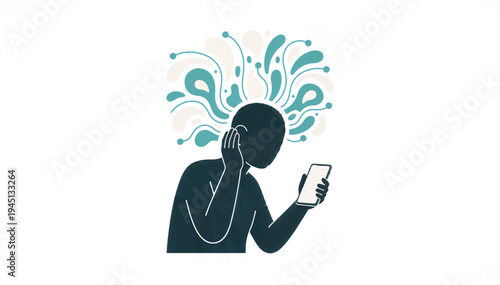 Person listening to smartphone with abstract mental swirls. Vector illustration of invisible labor and information overload concept. Silhouette design isolated on white