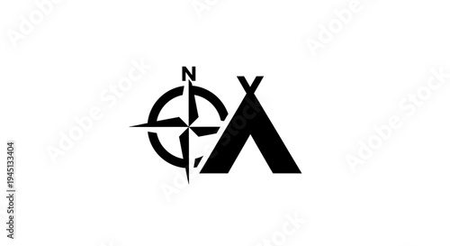 Camping and Navigation Icon: Compass Rose with North and Tent Symbol for Outdoor Adventure