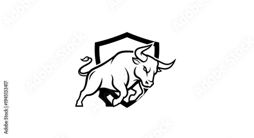 Charging Bull and Shield Logo Design - Strength, Power, and Protection Symbol