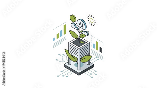 Isometric illustration of AI for environmental growth. Sustainable technology and data analysis concept. Modern vector graphic