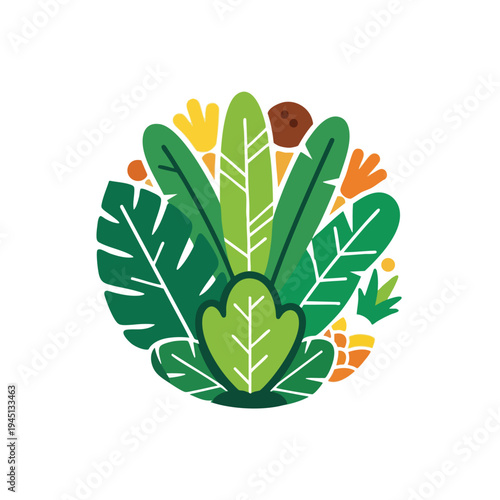 A circular arrangement of stylized tropical leaves, flowers, and fruit