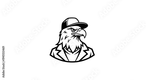 Cool Eagle Mascot in Baseball Cap and Jacket - Black and White Vector Illustration