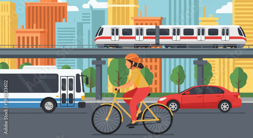 City transportation vector illustration showing a woman cycling in front of a bus, train, and car, representing urban commuting and sustainable transit options