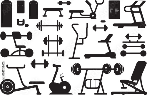 Black silhouettes of various gym equipment and exercise machines