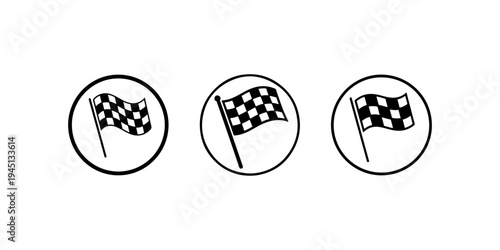 Three icons of checkered racing flags inside circles representing competition finish line or victory symbol on white background