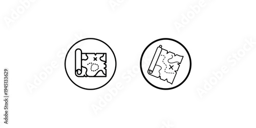 Two icons of treasure maps inside circles representing adventure journey or quest exploration on white background